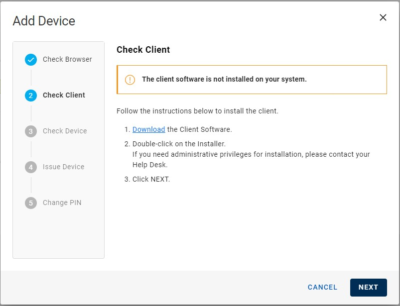 Add Device dialog box during Check Client step when client software is not installed displaying instructions on how to install it, with a Cancel button and a Next button in the bottom right corner