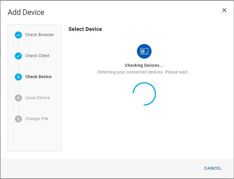Add Device dialog box during Check Device step with a Cancel button in the bottom right corner