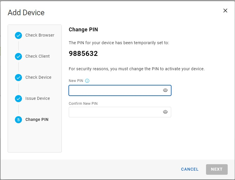 Add Device dialog box during Change PIN step showing empty New PIN field selected, with a Cancel button in the bottom right corner