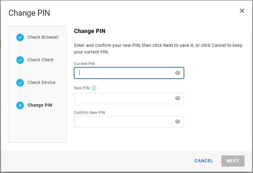 Change PIN dialog box during Change PIN step showing the empty Current PIN field selected, with a Cancel button  in the bottom right corner