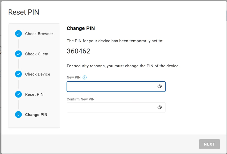 Reset PIN dialog box during Change PIN step with the empty New PIN field selected