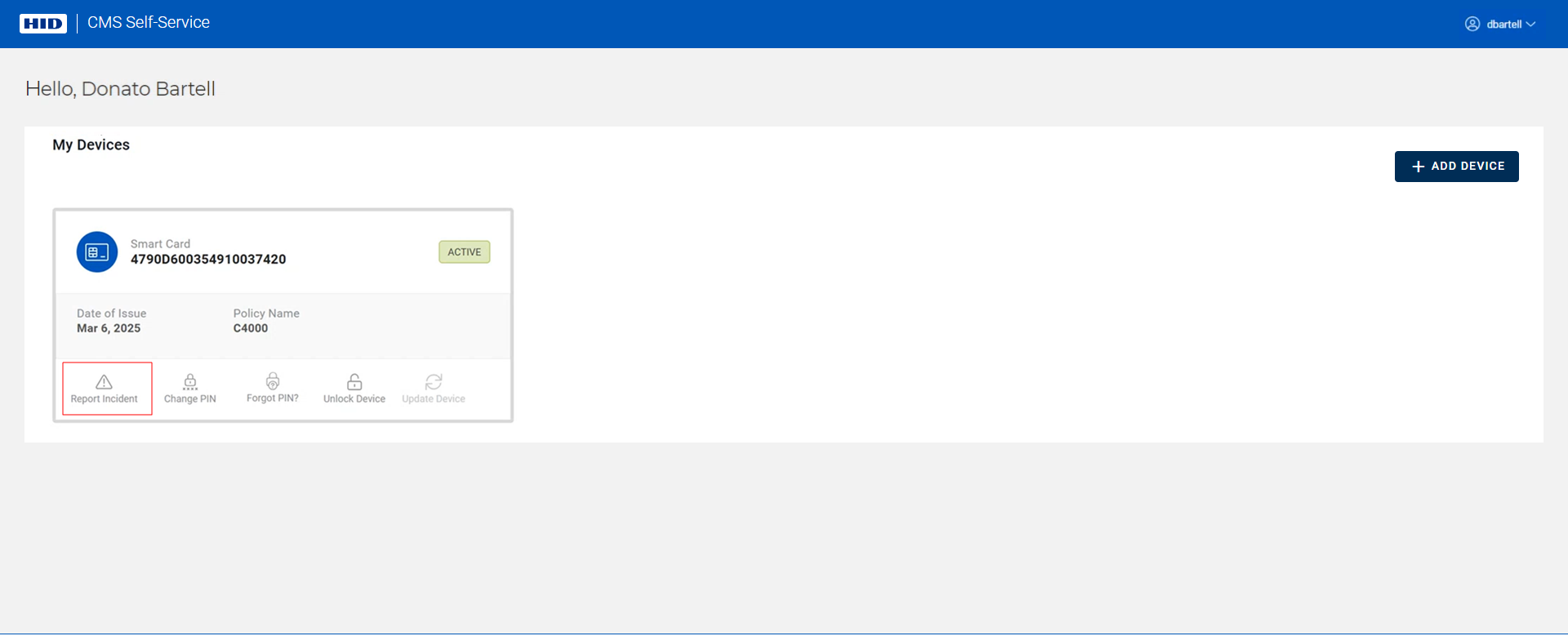 My Devices page displaying a device in the Active state with the Report Incident icon outlined in red and with the Add Device button in the top right corner