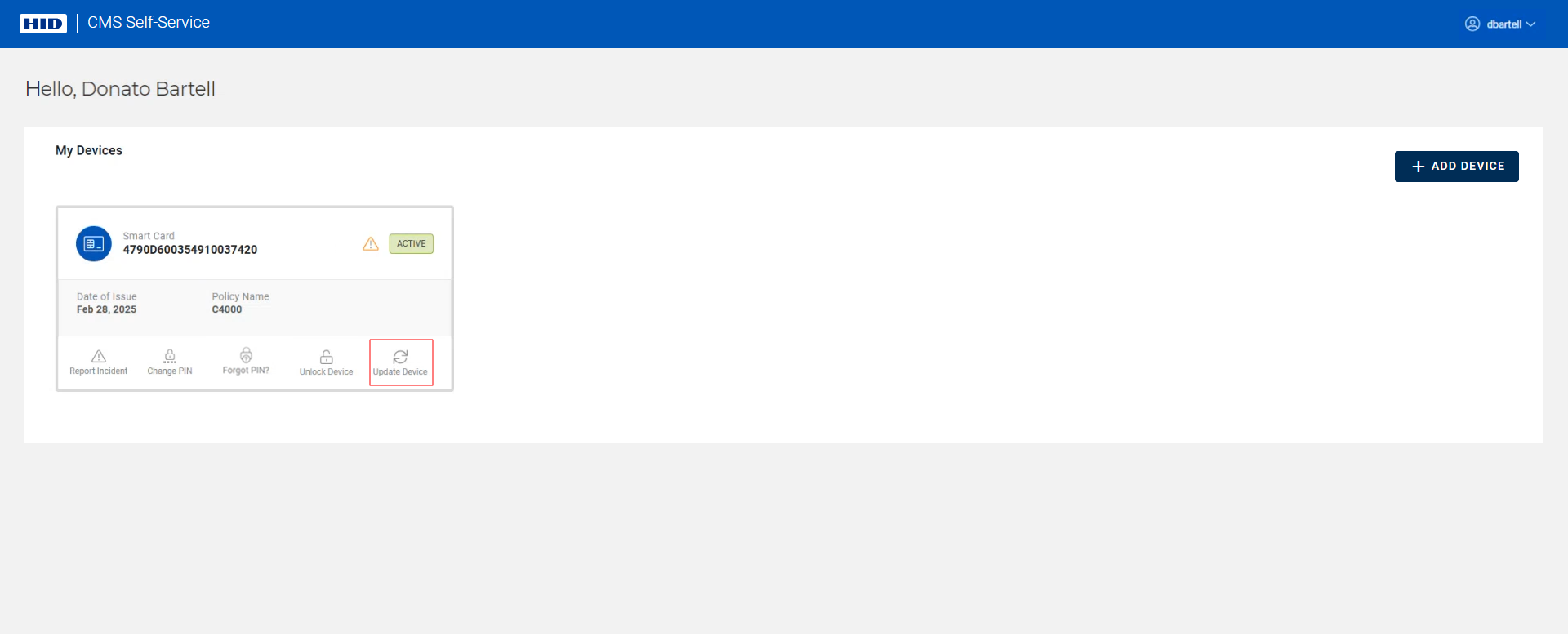 My Devices page displaying a device in the Active state with an available update icon displayed and with the Update Device icon outlined in red and the Add Device button in the top right corner