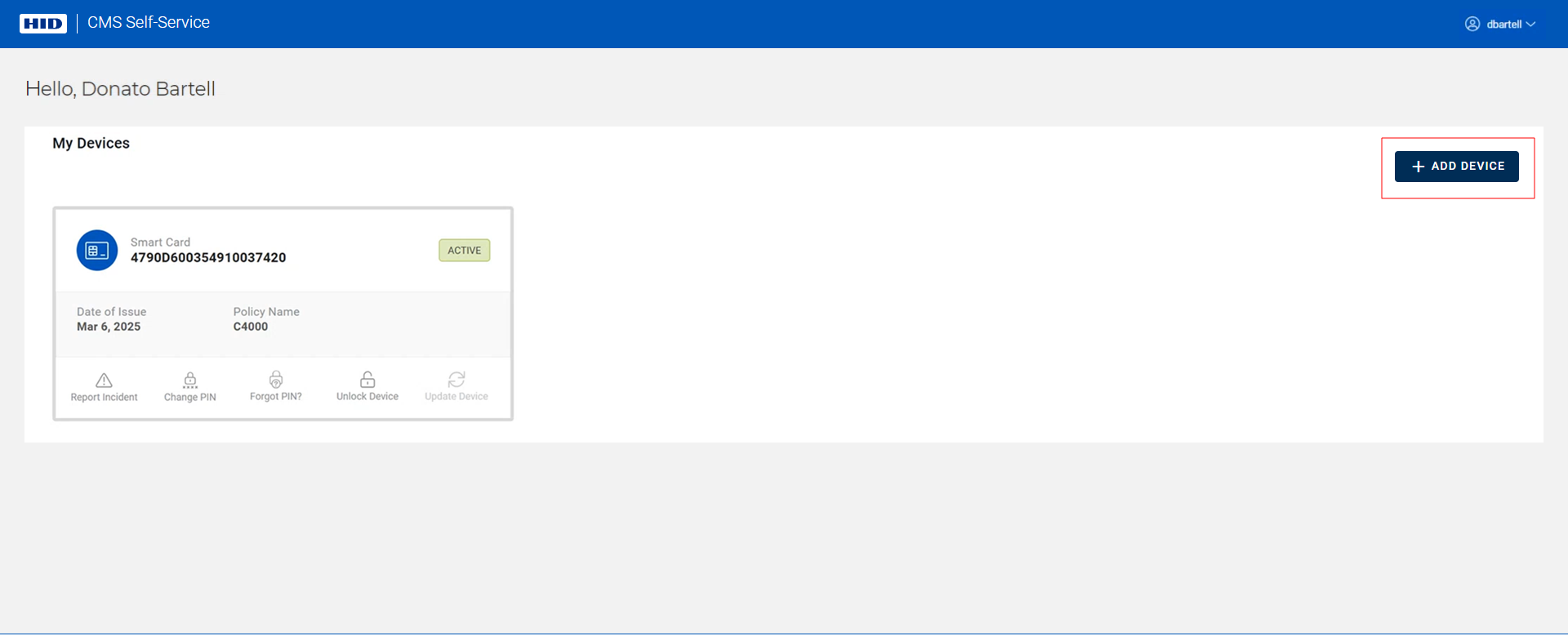 My Devices page displaying a device in the Active state with the Add Device button outlined in red in the top right corner