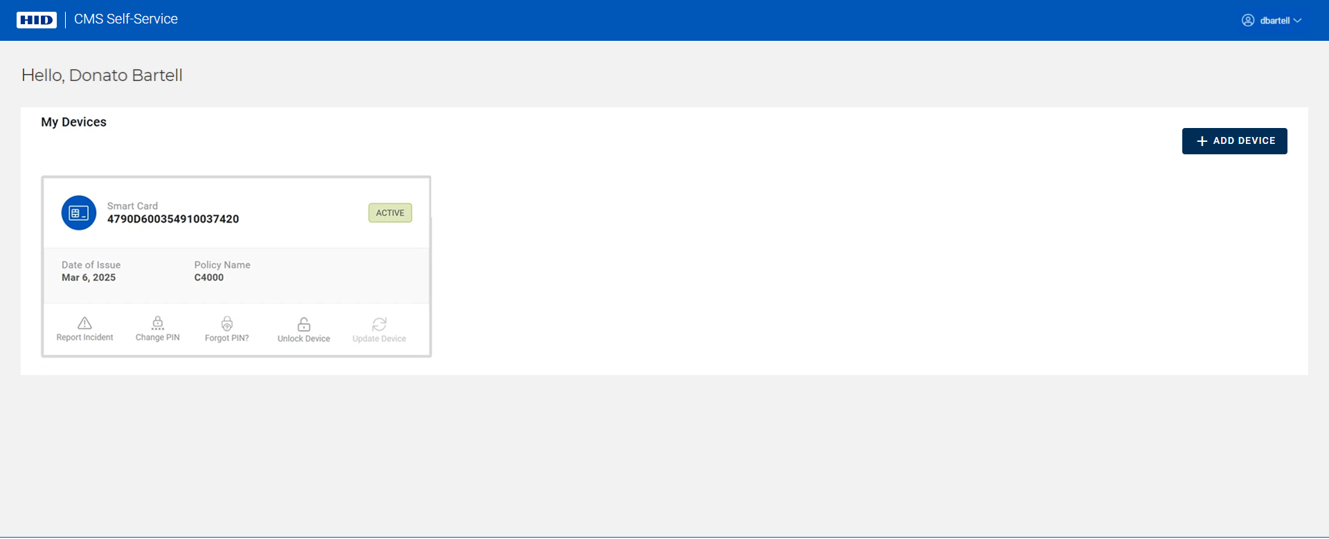 My Devices page displaying a device in the Active state, with the Add Device button in the top right corner