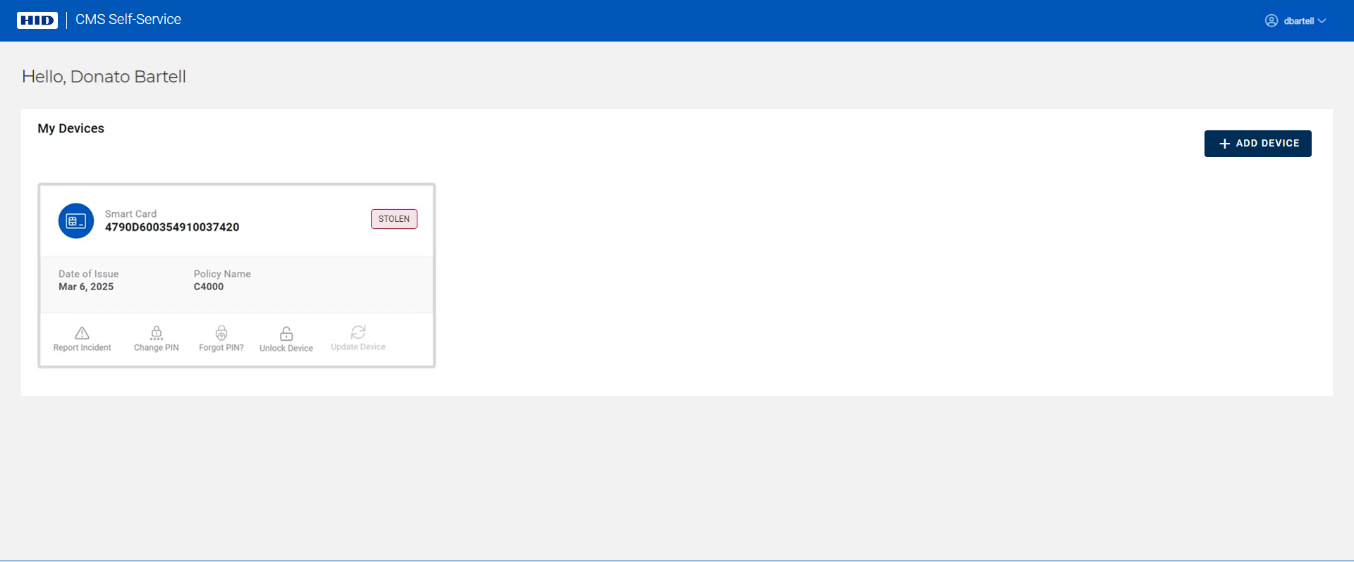 My Devices page displaying a device in the Active state  with the Add Device button in the top right corner
