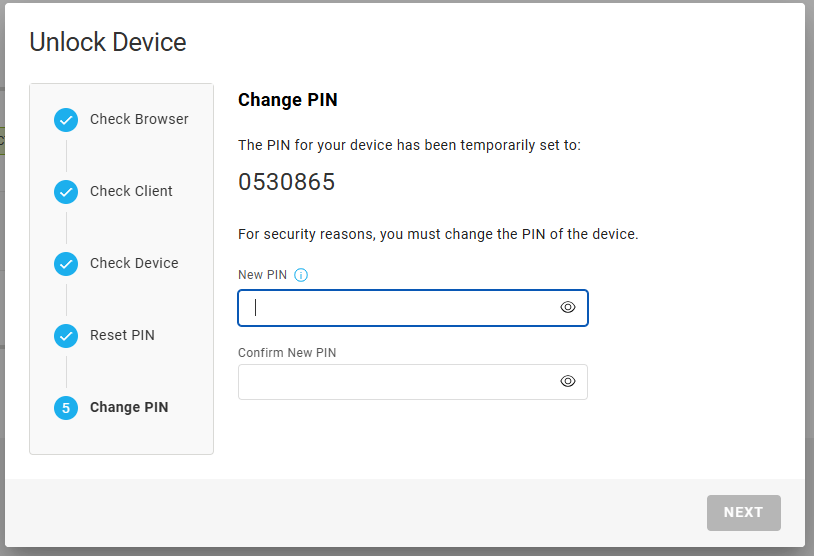 Unlock Device dialog box during Change PIN step with empty New PIN field selected