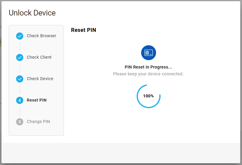 Unlock Device dialog box during Reset PIN step showing PIN Reset operation in progress