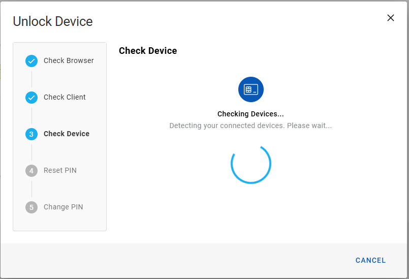 Unlock Device dialog box during Check Device step, with a Cancel button in the bottom right corner