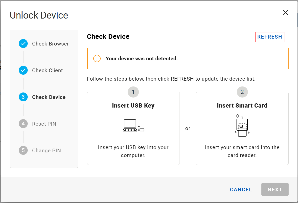 Unlock Device dialog box during Check Device step when your device is not detected, with a Refresh button in the top right corner outlined in red and with a Cancel button in the bottom right corner