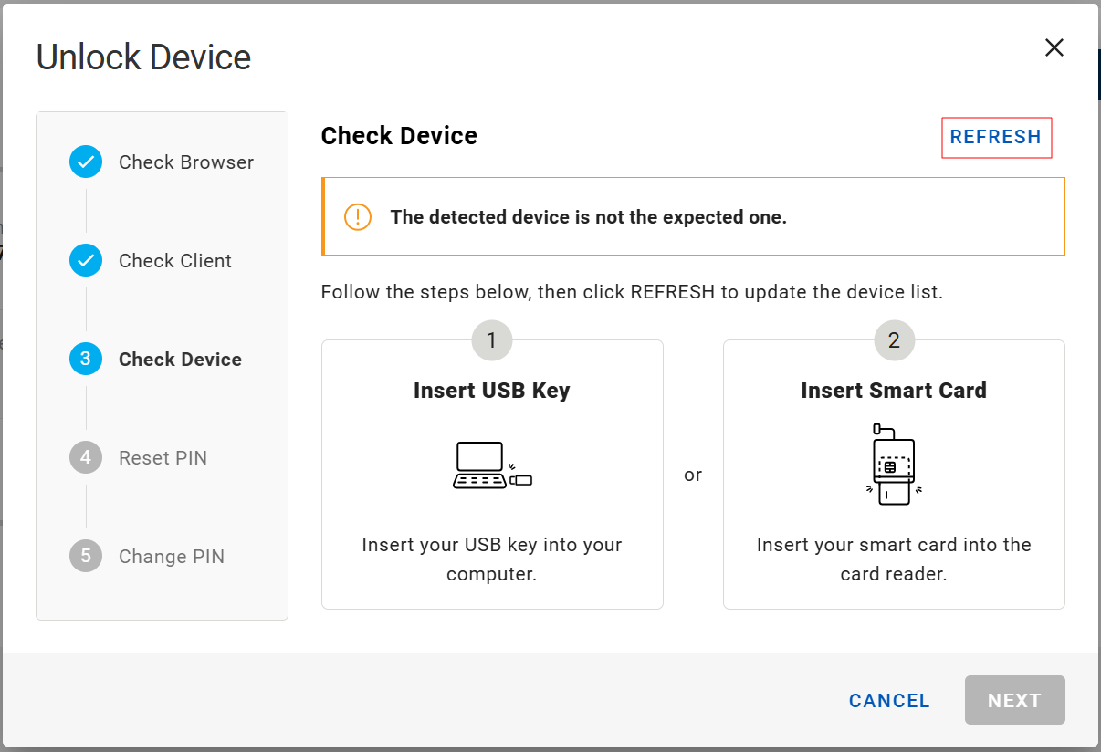 Unlock Device dialog box during Check Device step when the wrong device is detected, with a Refresh button in the top right corner outlined in red and with a Cancel button in the bottom right corner