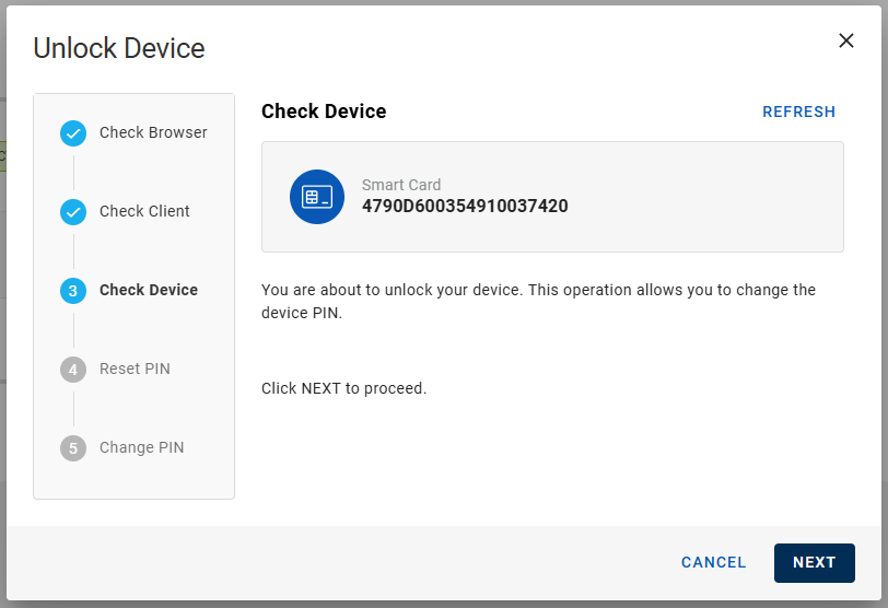 Unlock Device dialog box during Check Device step showing the device detected, with a Refresh button in the top right corner and with a Cancel button and a Next button in the bottom right corner