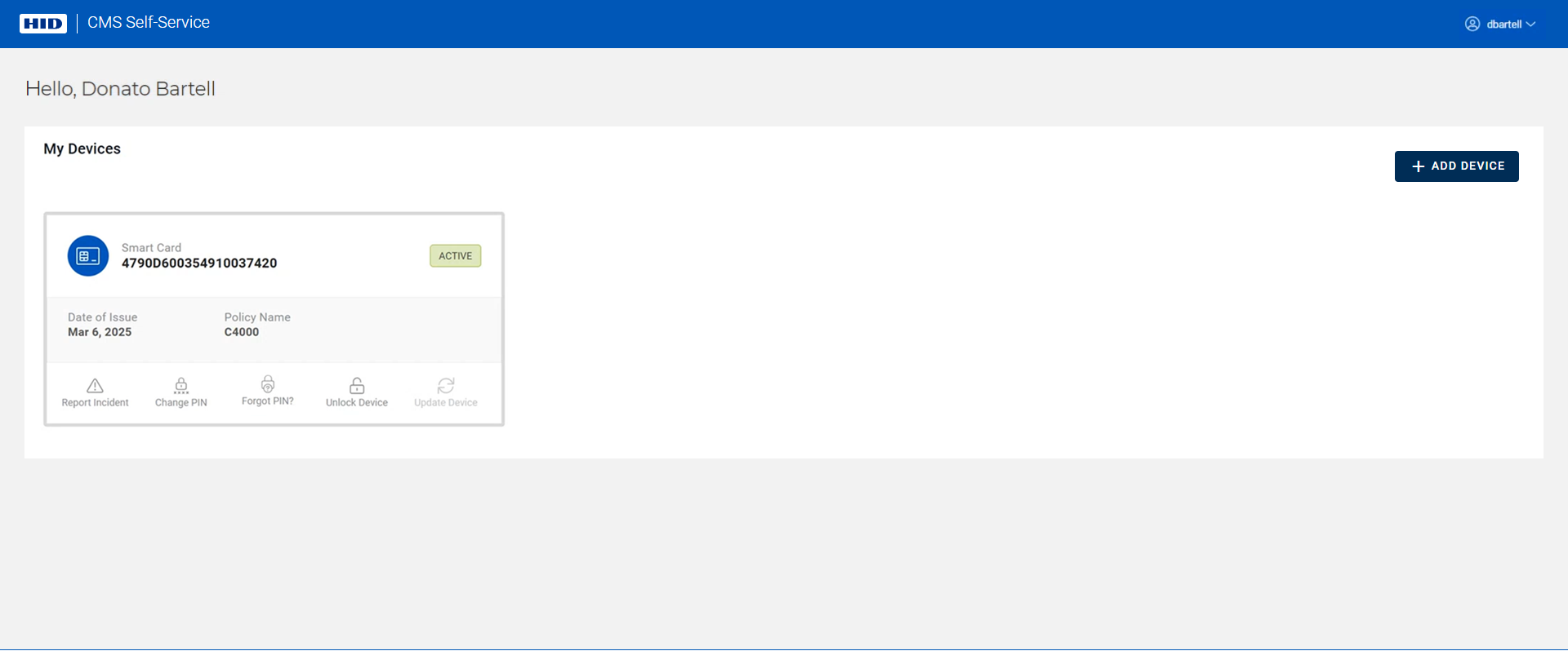 My Devices page displaying a device in the Active state, with an Add Device button in the top right corner