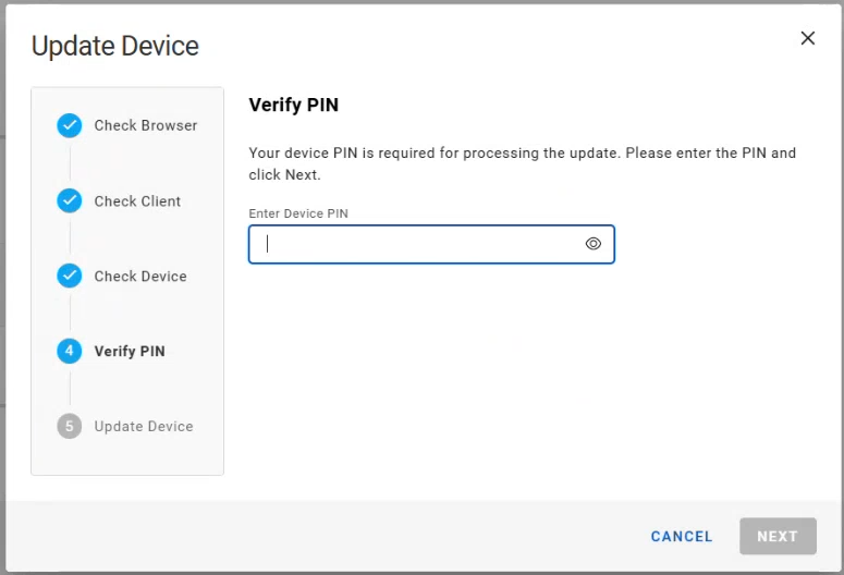 Update Device dialog box during Verify PIN step with empty Enter Device PIN field selected and with a Cancel button in the bottom right corner