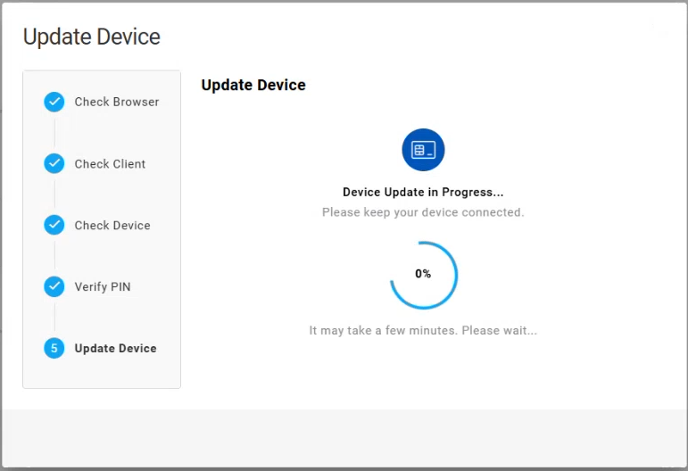 Update Device dialog box during Update Device step with device update in progress