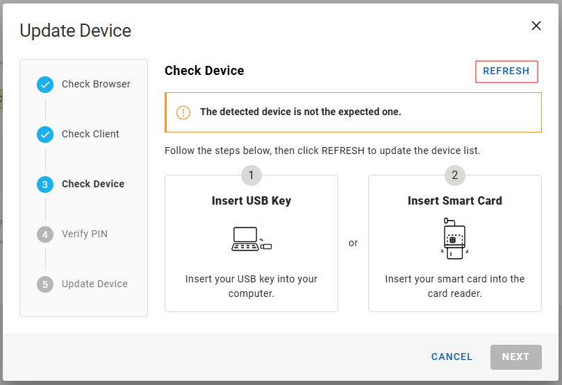 Update Device dialog box during Check Device step when the wrong device is detected, with a Refresh button in the top right corner outlined in red and with a Cancel button in the bottom right corner