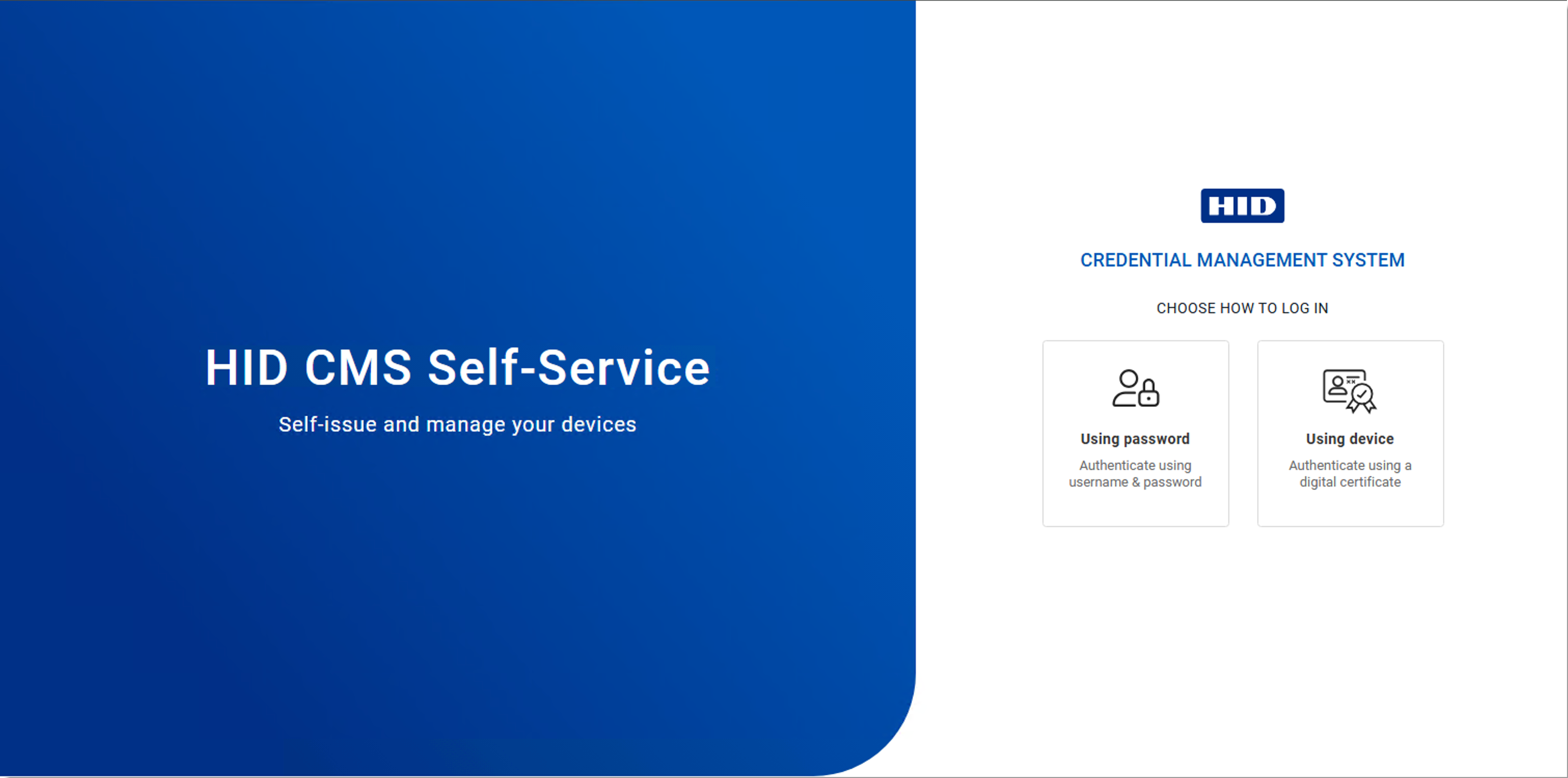 HID CMS Self-Service log in page displaying Using password button and Using device button