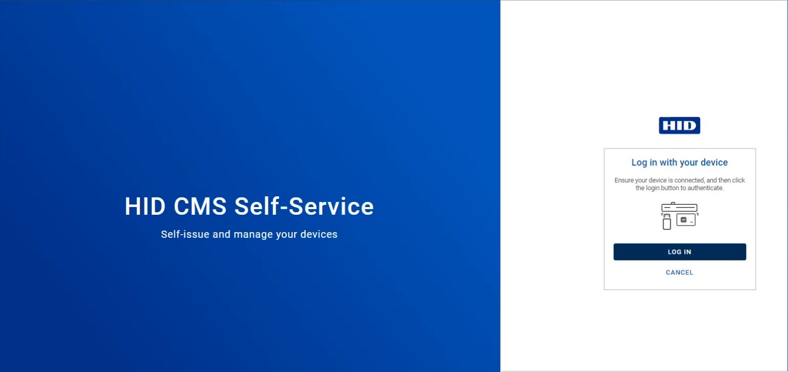 HID CMS Self-Service Log in with your device screen with Log in button and Cancel button available