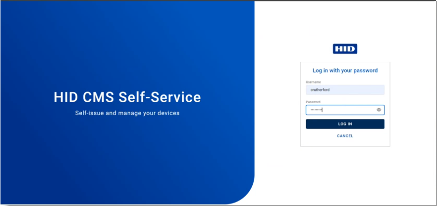HID CMS Self-Service Log in with your password screen with Username and Password filled in and with Log in button and Cancel button available