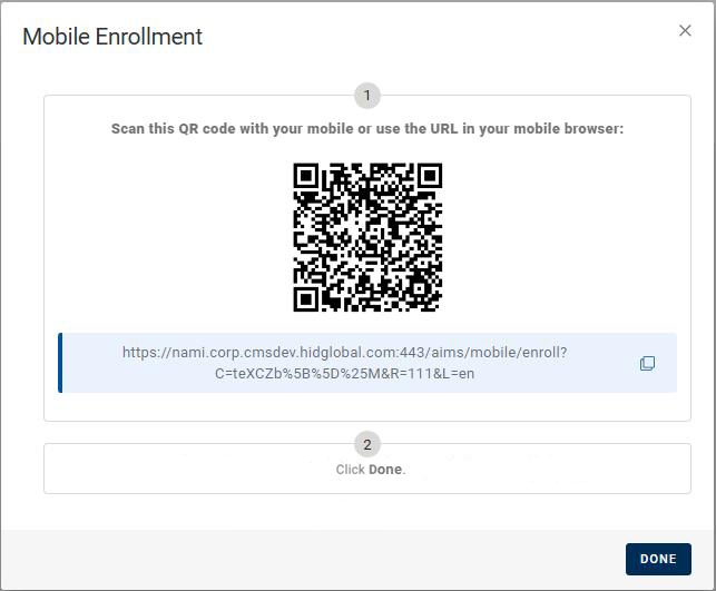 Mobile Enrollement dialog box displaying a QR code with a Cancel button in the bottom right corner