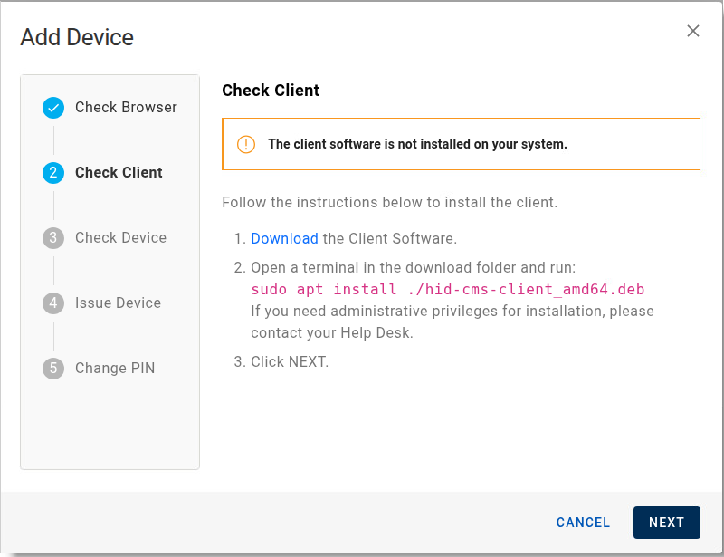 Add Device dialog box during Check Client step when client software is not installed on Linux machine displaying instructions on how to install it, with a Cancel button and a Next button in the bottom right corner