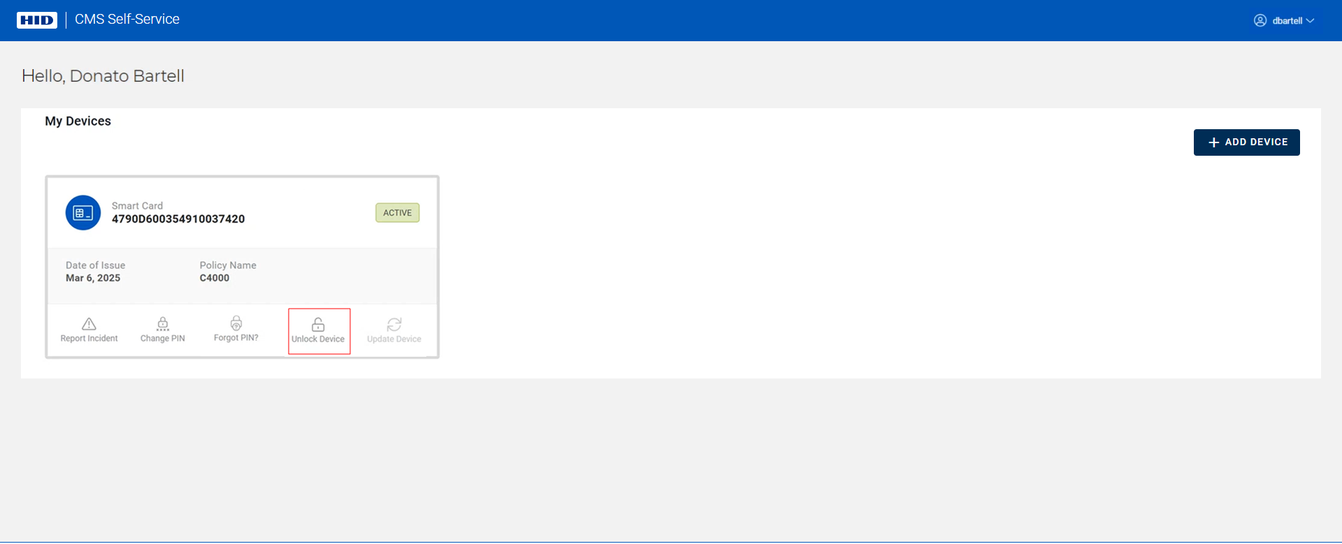 My Devices page displaying a device in the Active state with the Unlock Device icon outlined in red and with an Add Device and an Add Mobile button in the top right corner