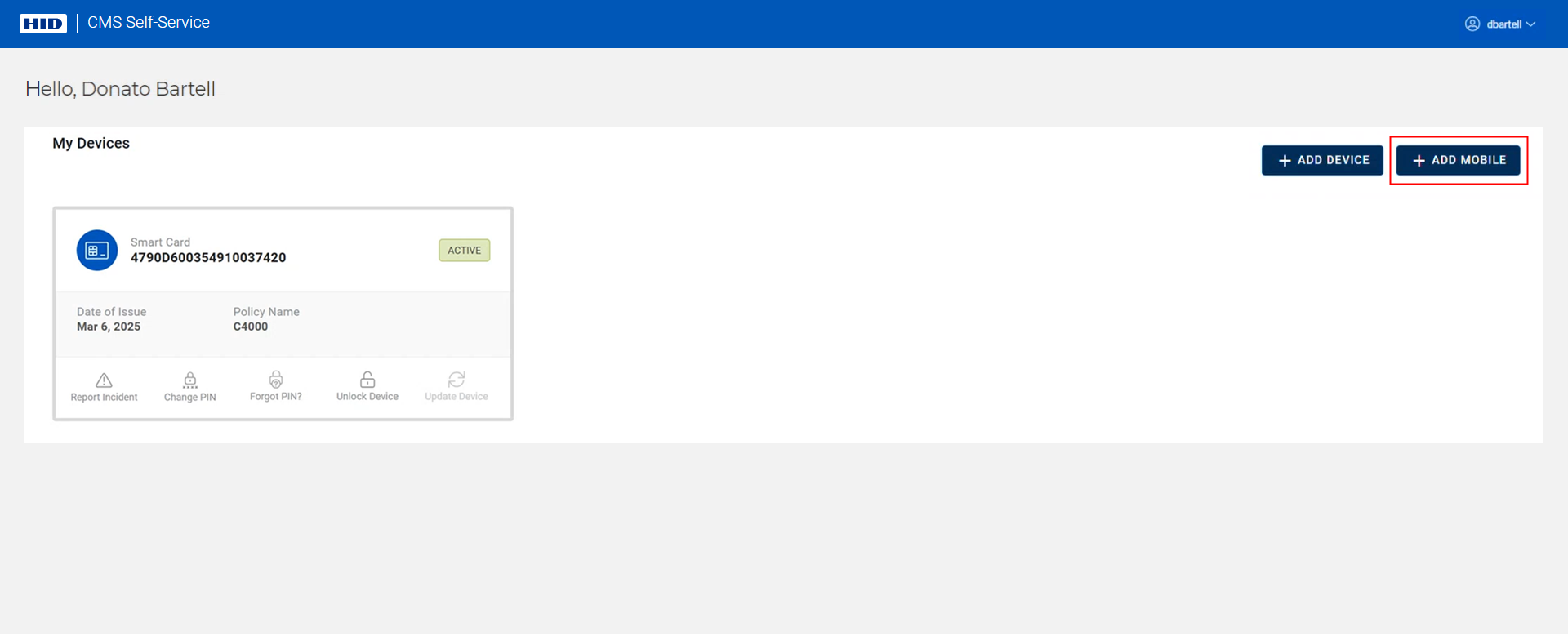 My Devices page displaying a device in the Active state with the Add Mobile button outlined in red in the top right corner