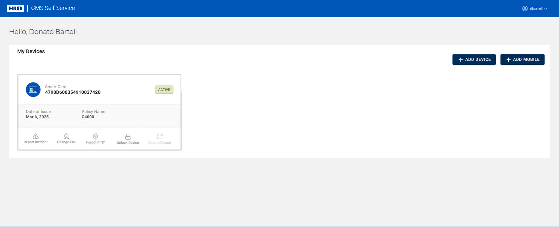 My Devices page displaying a device in the Active state, with an Add Device and an Add Mobile button in the top right corner