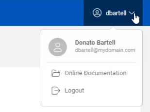 Menu in top right corner of My Devices page deployed to show the user name as well as menu items for accessing the online documentation and for logging out