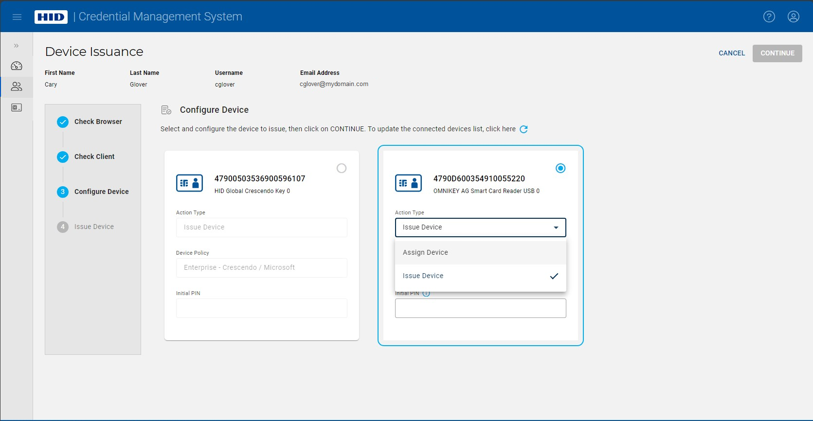 Device Issuance screen during Configure Device step with Action Type drop-down list displayed for selected device