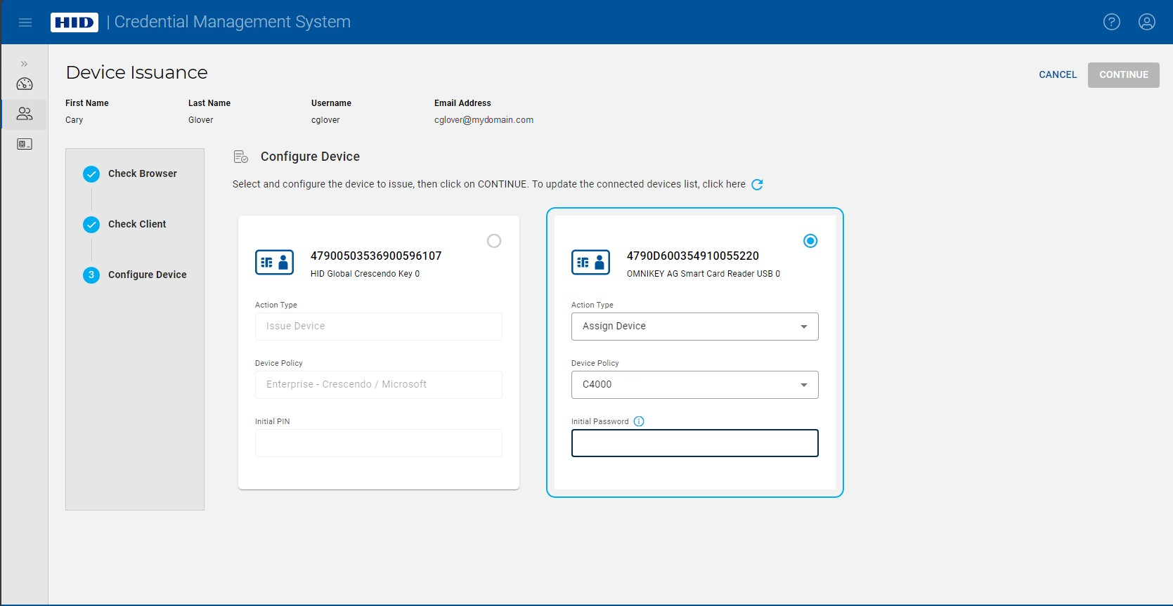 Device Issuance screen during Configure Device step with empty Initial Password field selected (Action Type and Device Policy are already chosen)