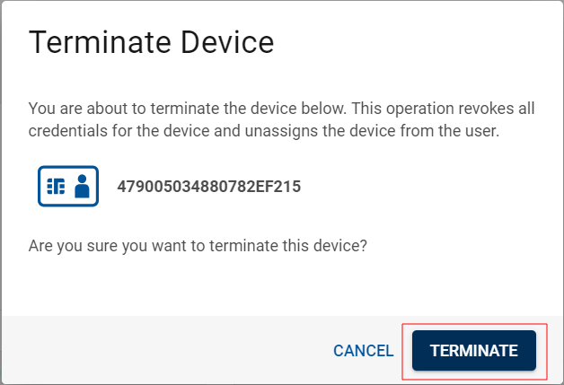 Terminate Device dialog box with a Cancel button and a Terminate button outlined in red in the bottom right corner