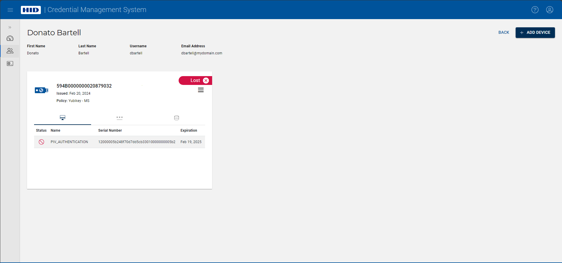 User page displaying a device whose status is shown as Lost