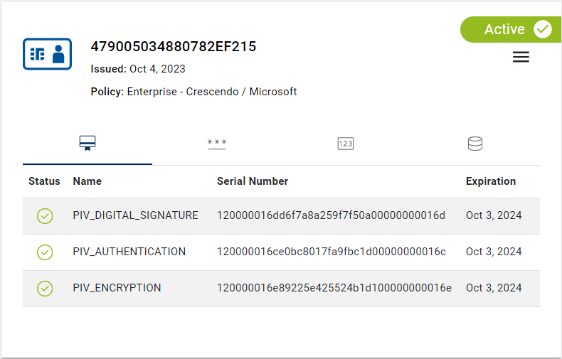 Device tile for an assigned device in the Active state with its PKI certificates information displayed