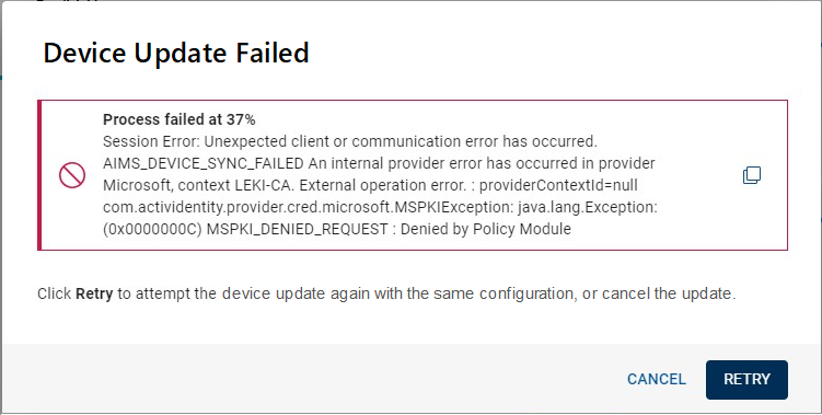 Device Update Failed dialog box displaying information about the error, with a Cancel button and a Retry button in the bottom right corner