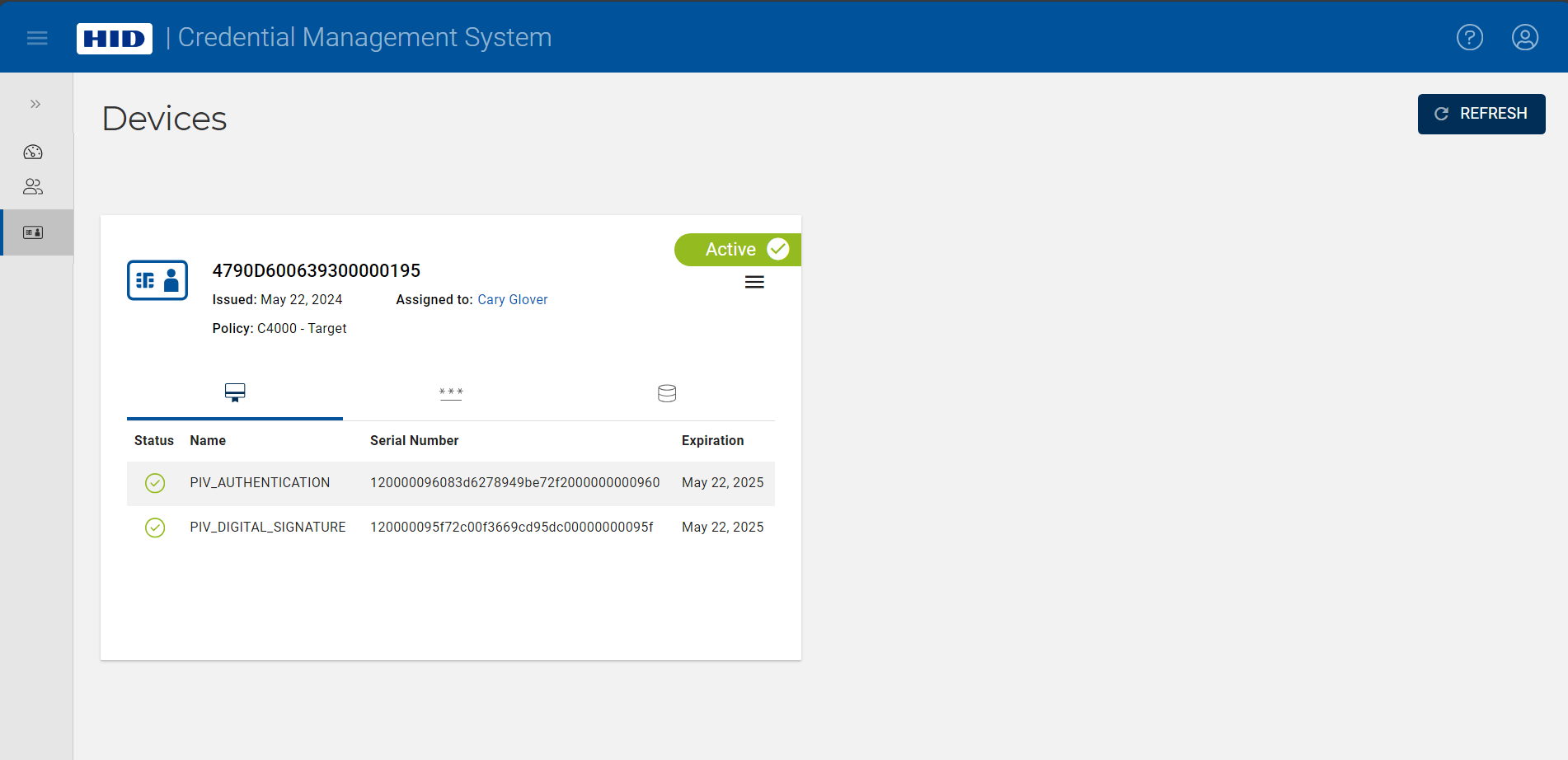 Devices page displaying a connected device whose status is Active with its PKI certificates information displayed, and with a Refresh button in the top right corner
