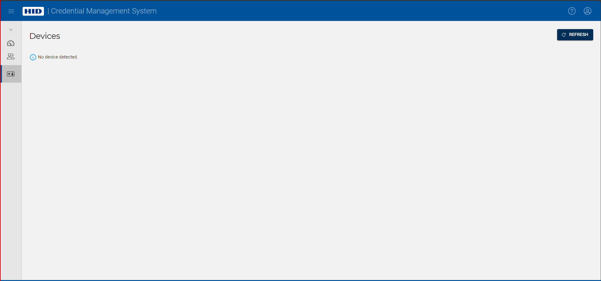 Devices page displaying "No device detected" with a Refresh button in the top right corner
