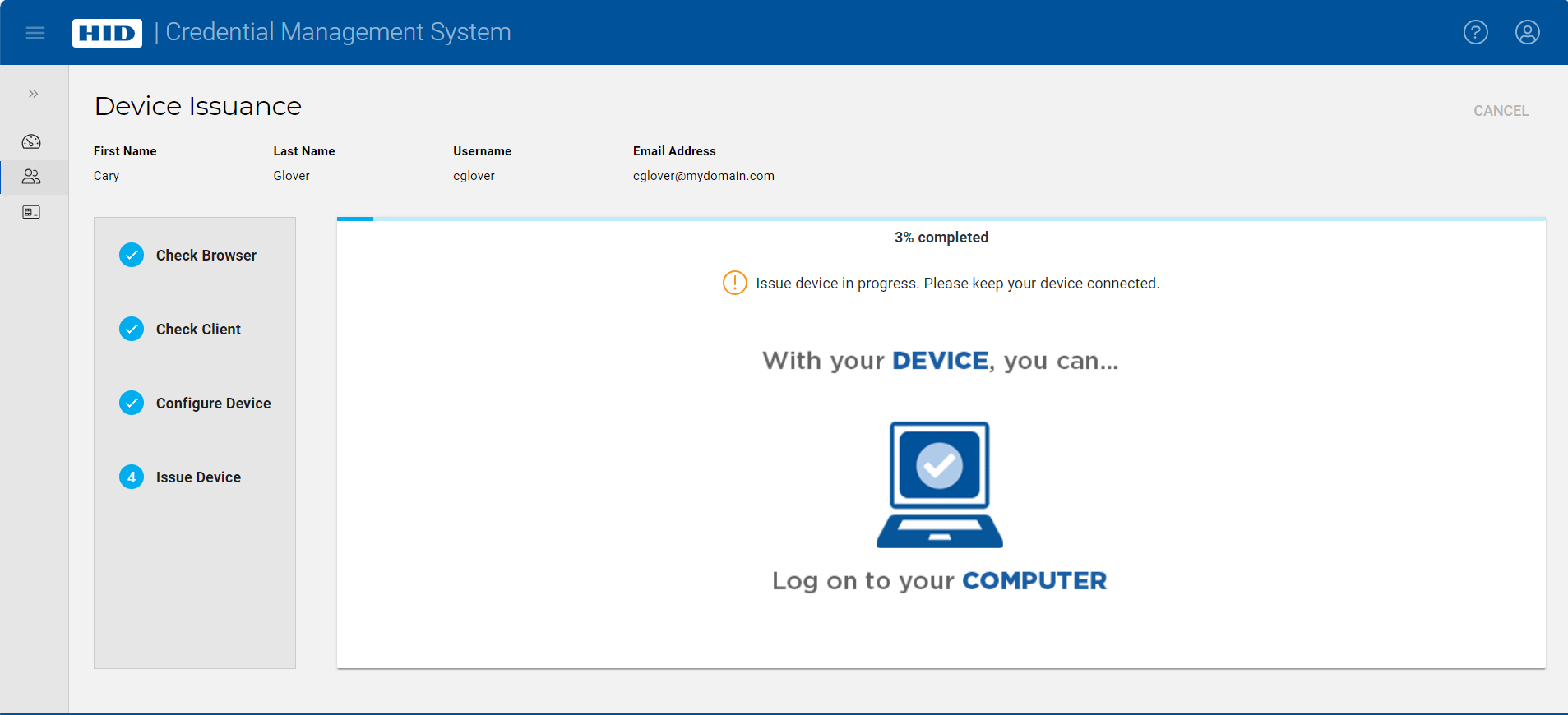 Device Issuance screen during Issue Device step with progress bar displayed