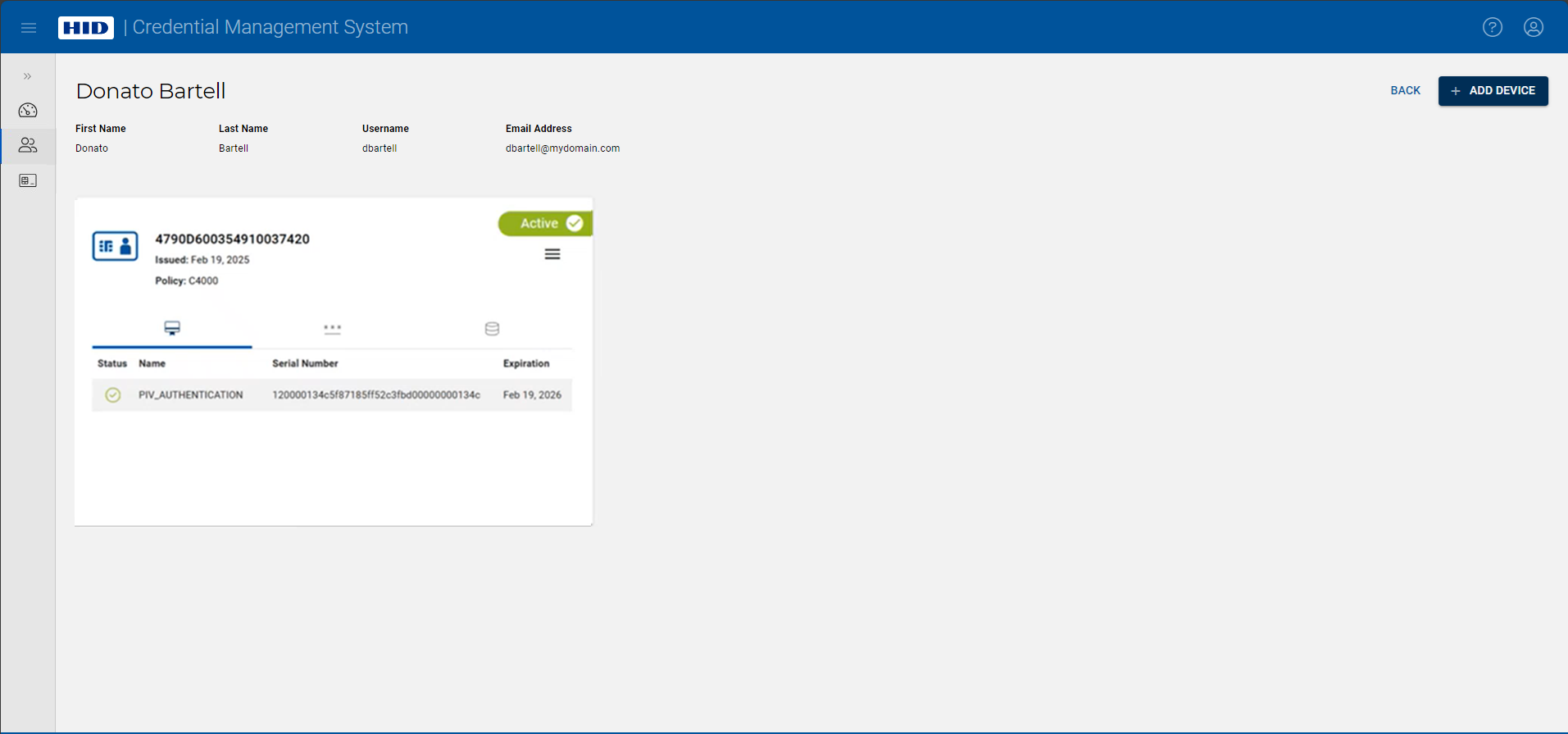 User page displaying an assigned device in the Active state with its PKI certificates information displayed