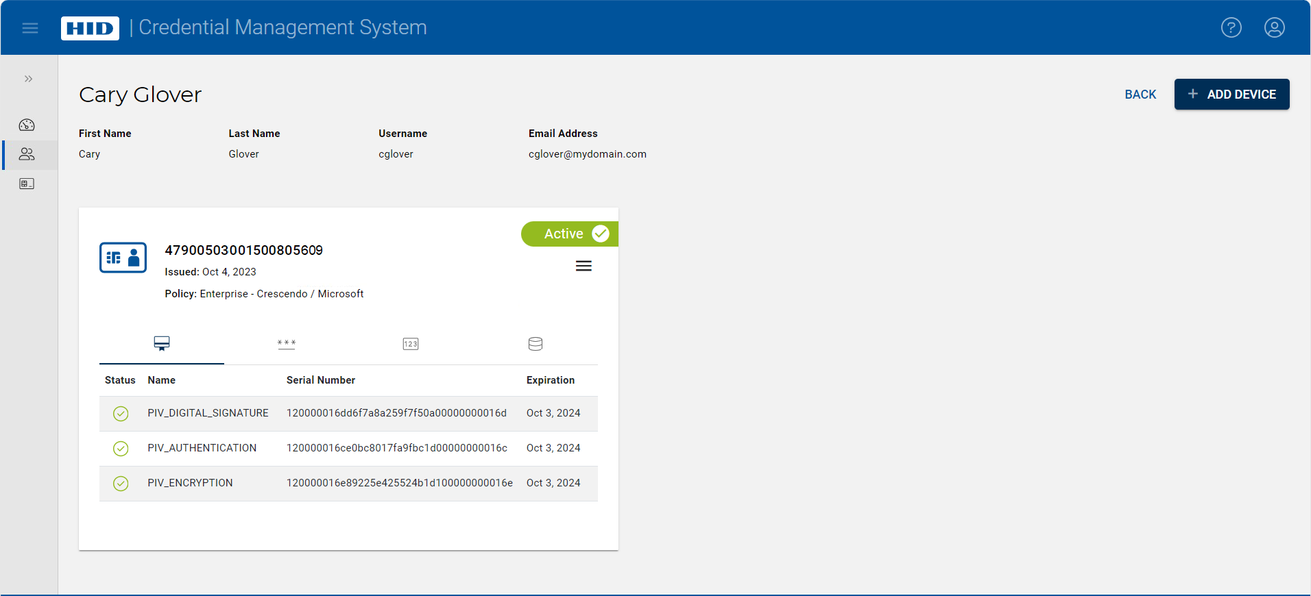 User page displaying an assigned device in the Active state with its PKI certificates information displayed