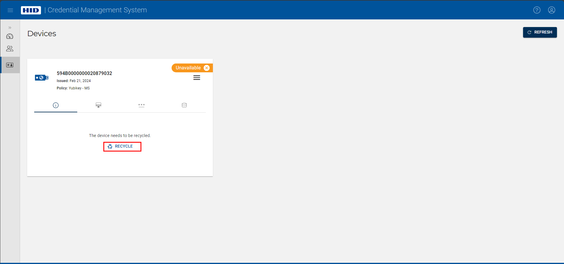 Devices page displaying a device whose status is Unavailable with a Recycle button outlined in red