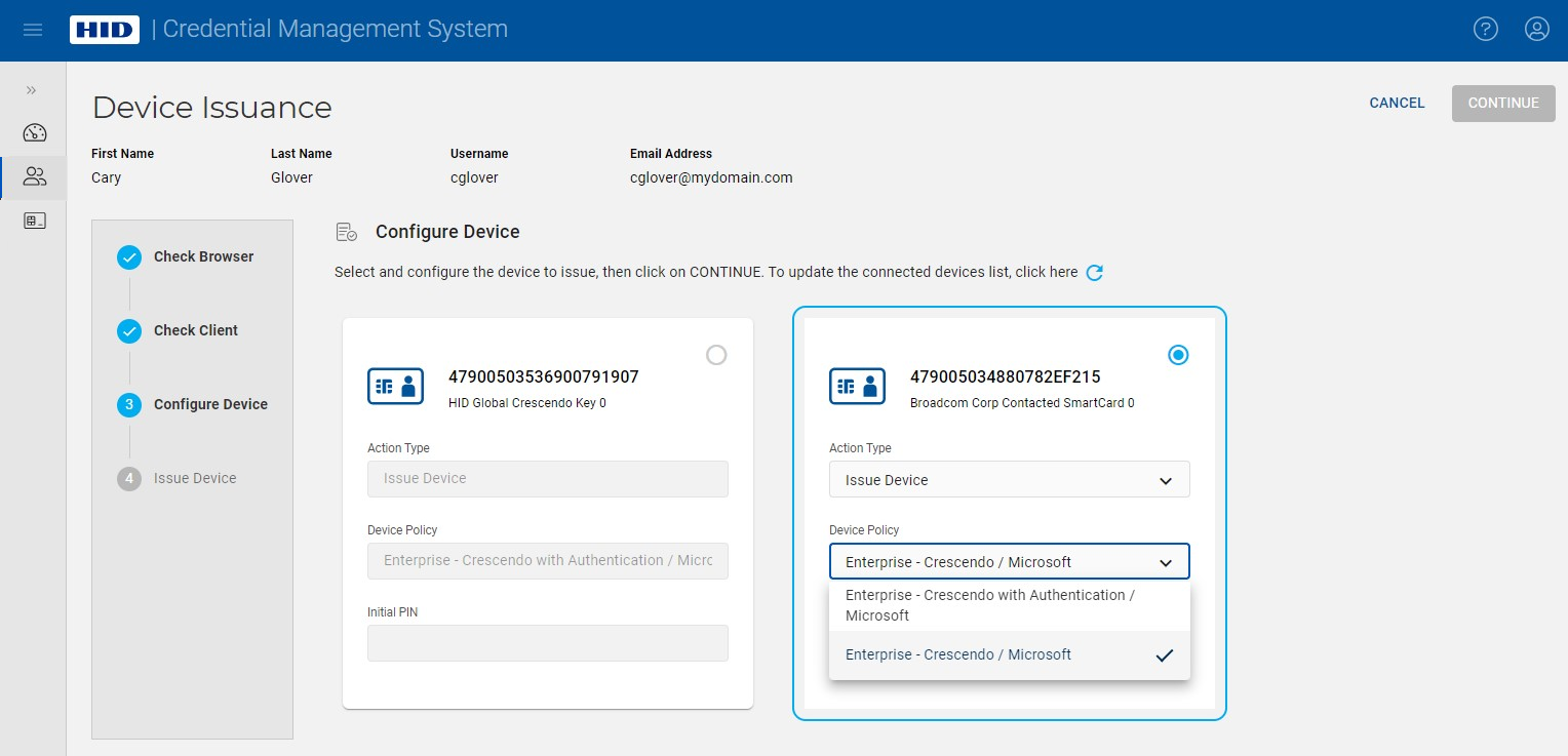 Device Issuance screen during Configure Device step with Device Policy drop-down list selected (Action Type is set to Issue Device)