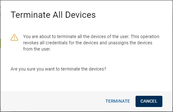 Terminate All Devices dialog box with a Terminate button and a Cancel button in the bottom right corner