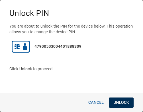 Unlock PIN dialog box, with a Cancel button and an Unlock button in the bottom right corner