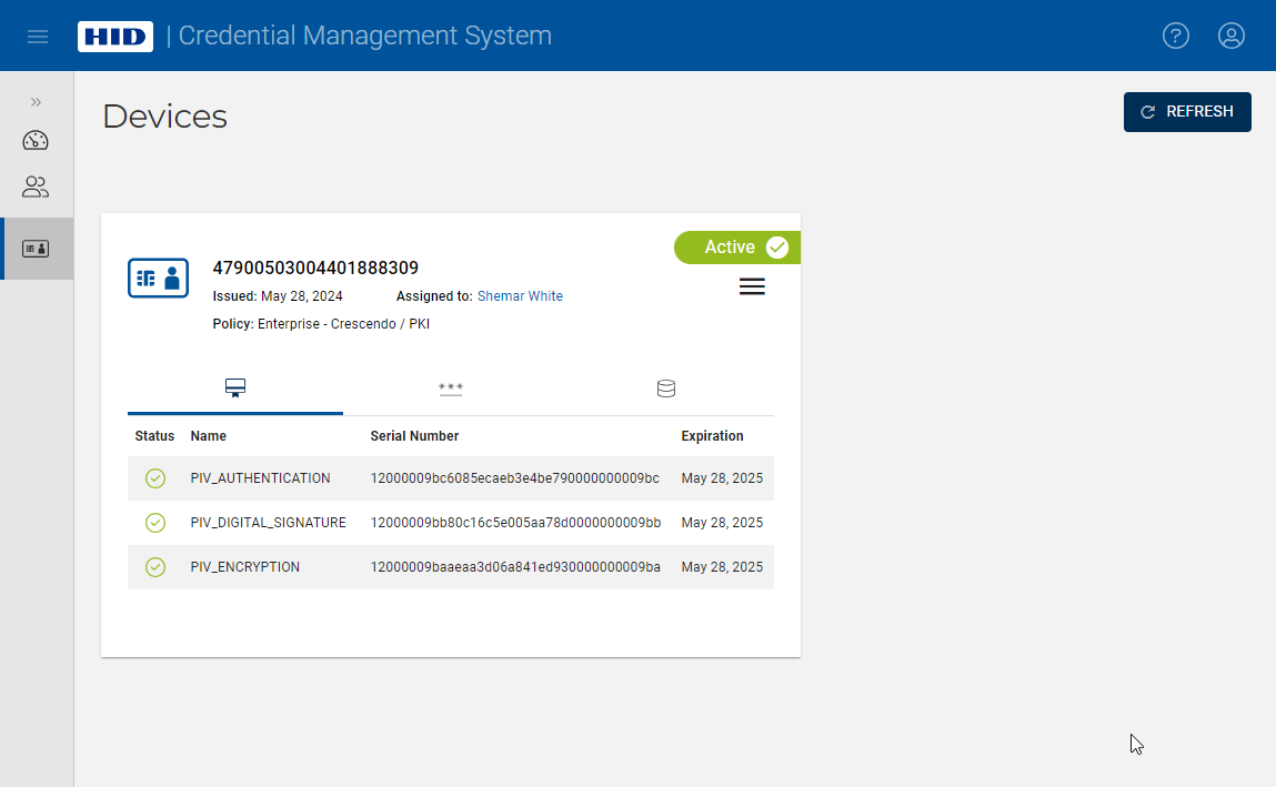 Devices page displaying a connected device whose status is Active, with its PKI certificates information displayed