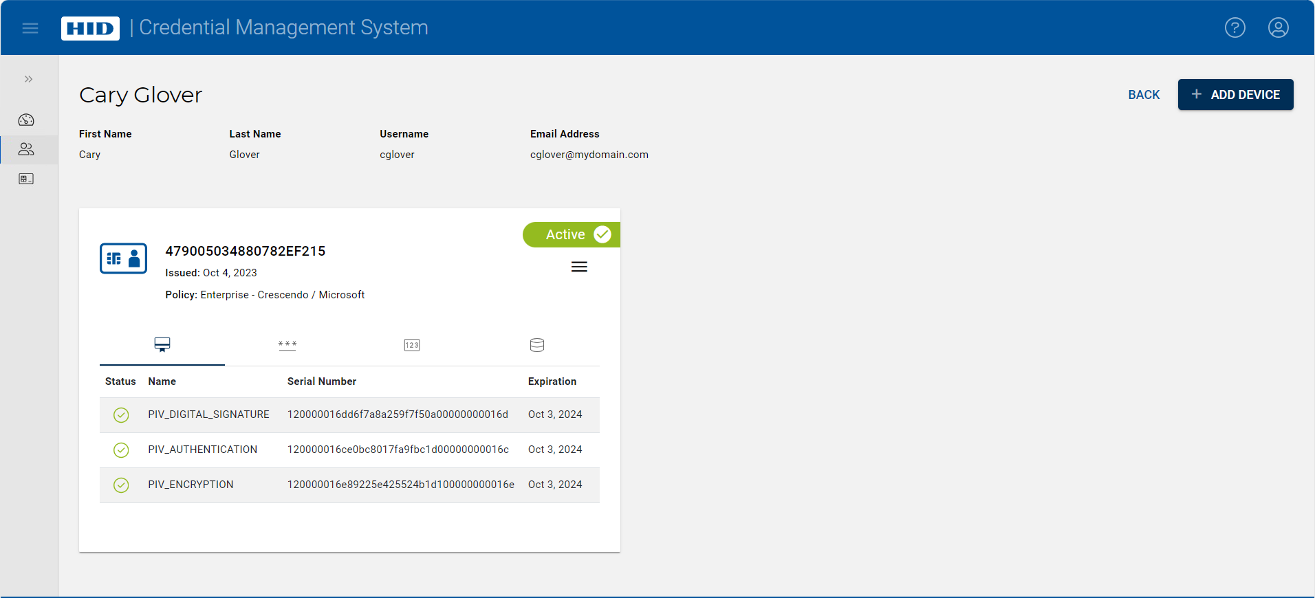 User page displaying an assigned device in the Active state with its PKI certificates information displayed