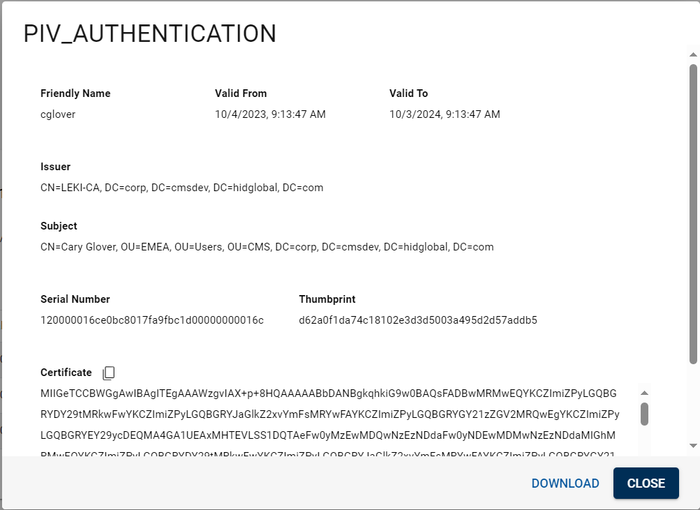 PIV_AUTHENTICATION certificate dialog box displaying information about the certificate, with a Download button and a Close button in the bottom right corner