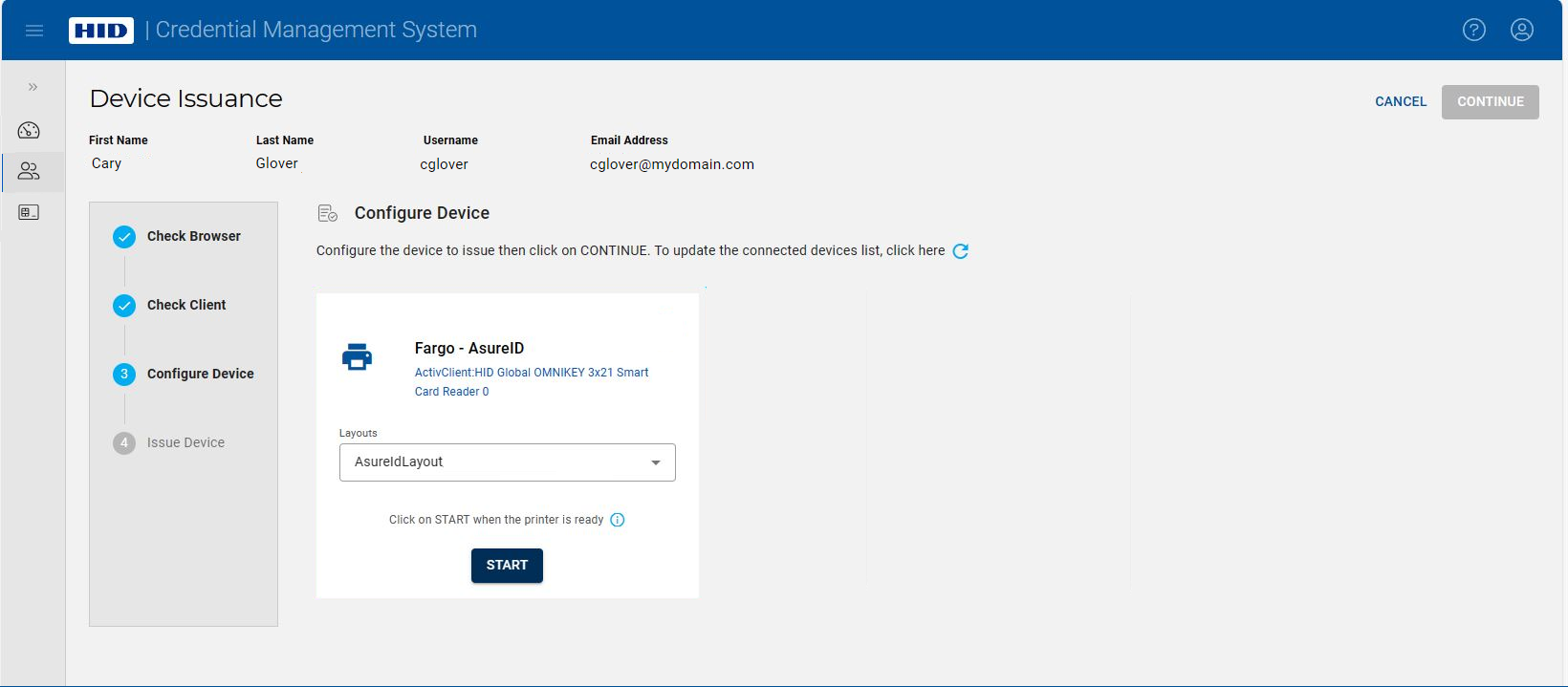 Device Issuance screen during Configure Device step showing printer tile displaying printer reader with Layout selected and Start button available