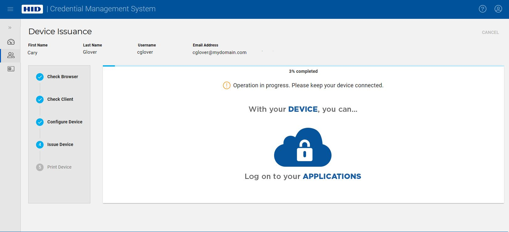 Device Issuance screen during Issue Device step with progress bar displayed