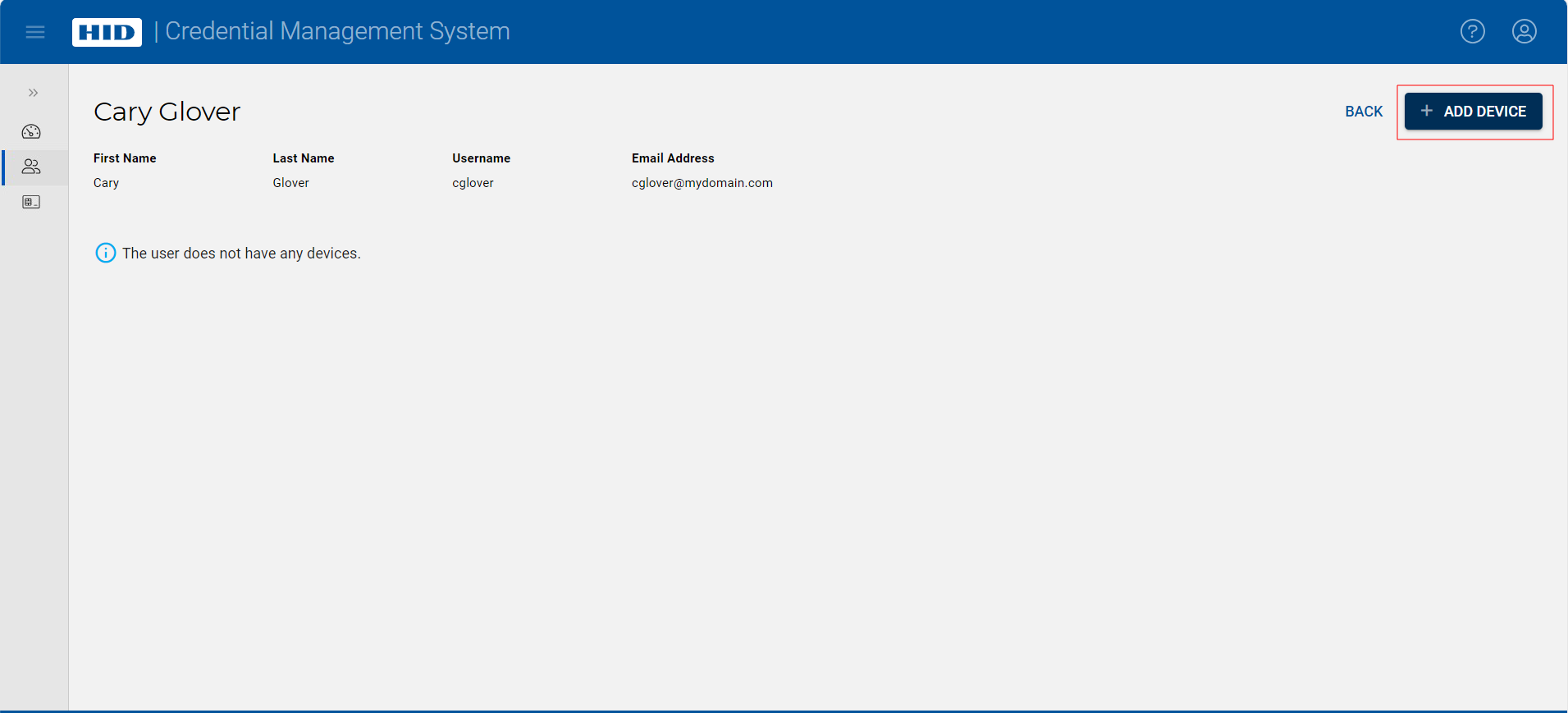 User page with no assigned devices, with a Back button and an Add Device button outlined in red in the top right corner 